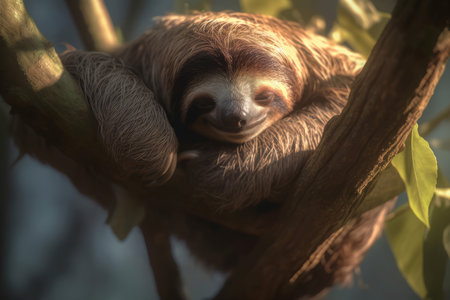 Sleeping smiling sloth on tree branch. Tropical wild forest cute mammal. Generate Aiの素材