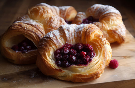 Viennoiserie berries pastry bakery on wooden table. Cuisine sweet snack cake recipe. Generate Aiの素材