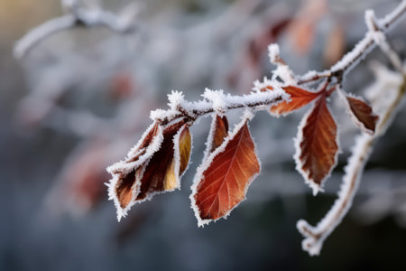Frozen autumn branch leaves at park. Natural ice foliage frosty natural. Generate Aiの素材