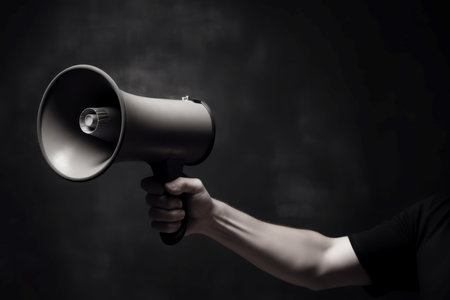 Hand holding megaphone grey background. Speaker studio noise warning. Generate Aiの素材