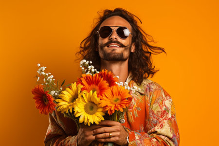 Hippie man with bouquet of colorful flowers. Fashion floral retro love person. Generate AIの素材