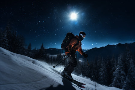 Midnight skiing in mountains under moon. Resort snowy range masculine fellow. Generate Aiの素材