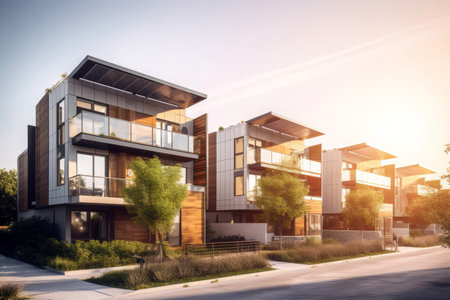 Modern eco friendly homes at morning sunrise. Apartment home sun industry living. Generate Aiの素材