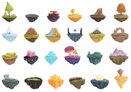 Floating game island icons set cartoon vector. Land fantasy platform. Nature landscape game.のイラスト素材