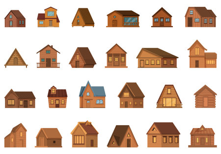 Wooden cabin icons set cartoon vector. Wood tree house. Pine forest villageのイラスト素材
