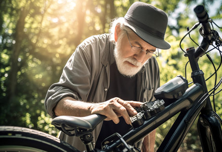 Senior man repair electric bike in summer day. Protection of vehicle machinery activity. Generate Aiの素材