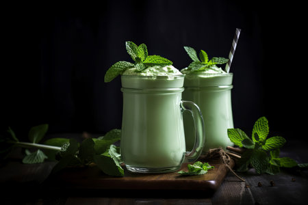 Mint leaves on milkshake glasses. Sweet dairy party dessert. Generate Aiの素材