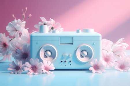 Stereo surrounded speaker with flowers. Acoustic audio loud volume amp. Generate Aiの素材
