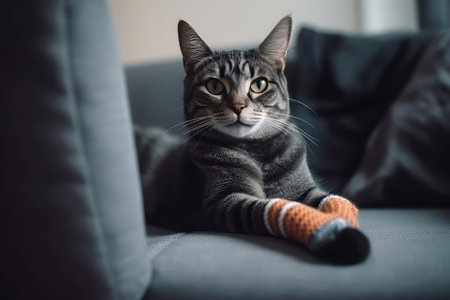 Cat relax at room sofa indoor. Calm indoor adult cloth. Generate AIの素材