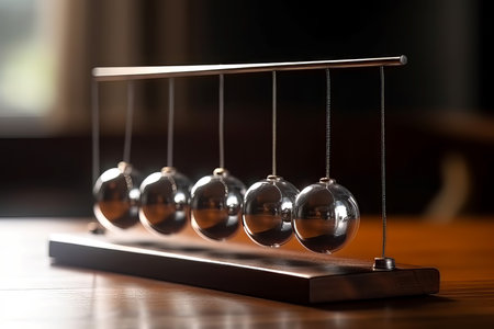 Newtons cradle wooden table sphere. Motion action shiny effect. Generate Aiの素材