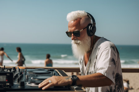 Senior man dj at beach party music. Holiday mature dance travel fun. Generate Aiの素材