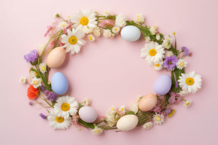 Easter eggs floral wreath. Hand tree frame happy card. Generate Aiの素材