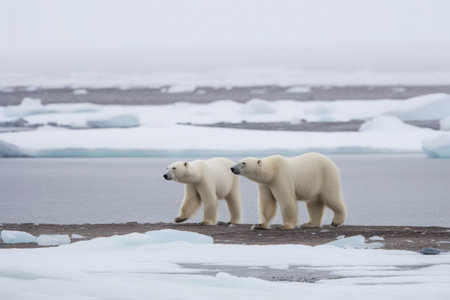 Polar bears snow arctic walking. Frozen world frigid snowy creature. Generate Aiの素材