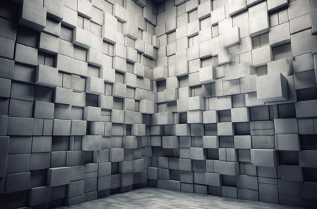 Square blocks room wall. Frontal empty stone indoor design. Generate Aiの素材