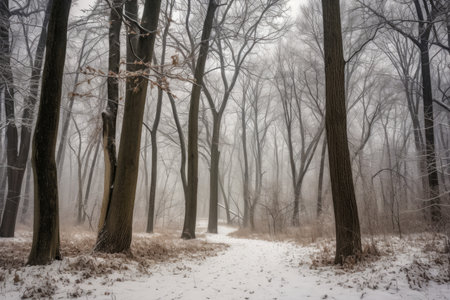 Snowfall park forest walk. Wood natural timber frosty. Generate Aiの素材