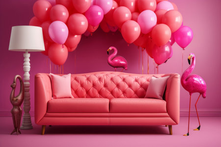Pink flamingo room with balloons. Rosy sofa in pinkish decorated living room. Generate aiの素材
