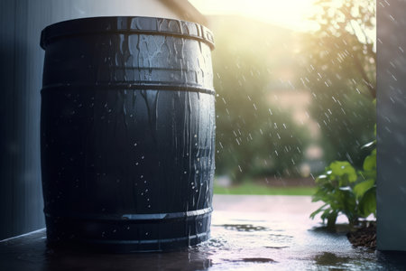 Black rain barrel sitting outside. Rain water collection equipment for gardening. Generate aiの素材