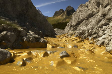 Gold river mountain mine rocks. Dream chance sand money dream. Generate Aiの素材