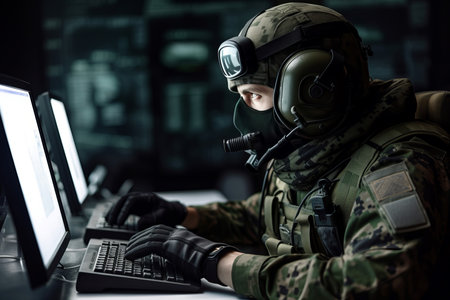 Military special forces defuses computer. Cyber digital hacking operation on hardware technology. Generate aiの素材