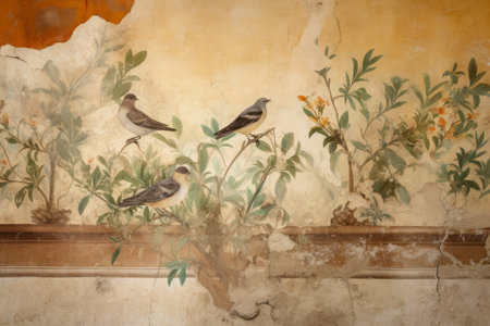 Ancient wall fresco masterpiece with birds on plants. Old damaged mural artwork with birds on branches. Generate aiの素材
