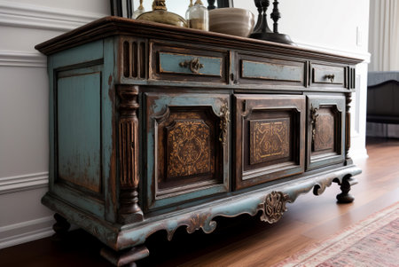 House antique wooden furniture with decorative elements. Retro vintage small closet in living room. Generate aiの素材