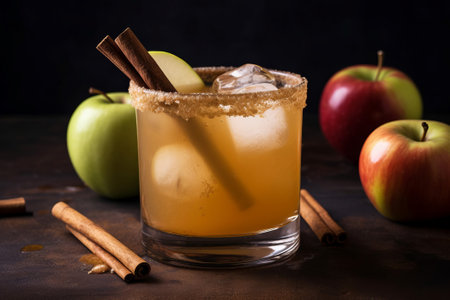 Glass of apple cider margarita on wooden table with apples fruit. Cocktail glass with cinnamon sticks ingredient. Generate aiの素材