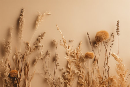 Beige minimalist background with wild dry flowers. Dried plants arrangement on natural backdrop. Generate aiの素材