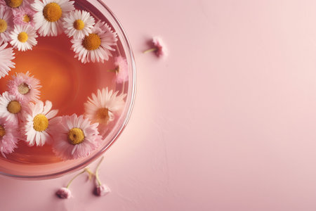Chamomile tea on pastel pink background. Herbal natural hot beverage relaxation tea mug. Generate aiの素材