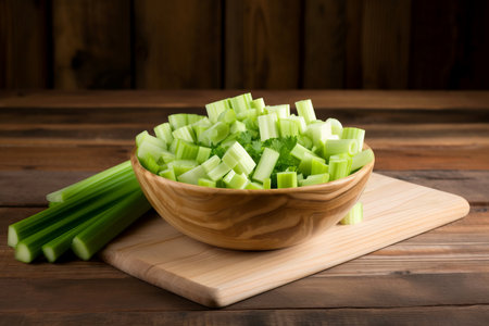 Chopped celery stem bowl on wooden board. Natural raw healthy vegetarian green stalks pieces. Generate aiの素材