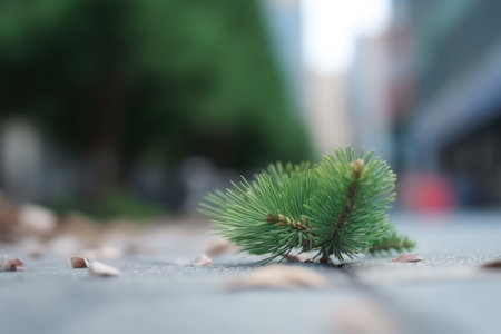 Green pine blurred branch on street. Cone rainy fir conifer. Generate Aiの素材