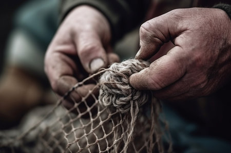 Hands male rope net people. Active mesh labor snare daytime. Generate Aiの素材