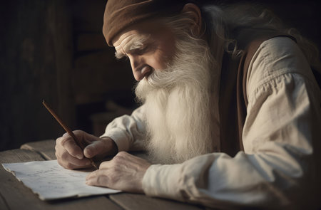 Man white beard writing on wooden table. Paper religion human antique. Generate Aiの素材