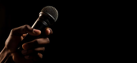 Microphone arm holding dark banner. Media speak record stage concert. Generate Aiの素材