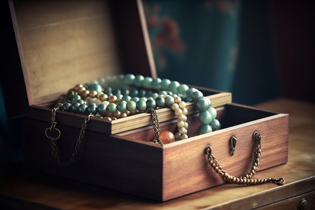 Necklace wooden box. Ancient jewel gift shine luxury. Generate Aiの素材