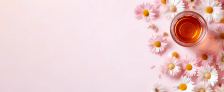 Pink chamomile tea cup banner. Flower love nature hot drink daisy. Generate Aiの素材