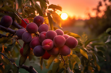 Plum ripe tree sunset. Nature sun stem spring plum bunch. Generate Aiの素材