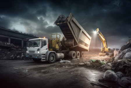 Garbage truck dumping. Industry clean junk pollution ecology. Generate Aiの素材