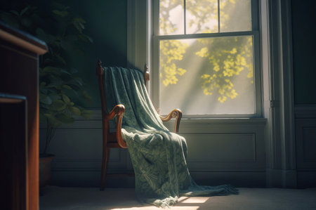 Armchair with plaid near window with overlooking tree. Indoor sunny room with open window in garden. Generate aiの素材