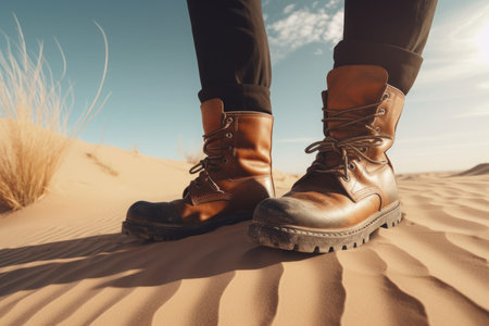 Leather brown boots in sandy desert. Tourist walking legs in hiking shoes in dune. Generate aiの素材
