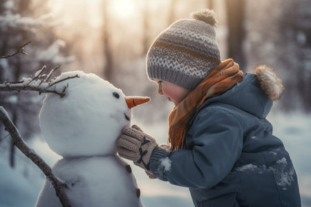 Child make winter snowman. Kid snowy season white winter. Generate Aiの素材