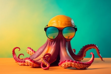 Funny octopus wearing sunglasses colorful background. Monster tentacle wild marine squid. Generate Aiの素材