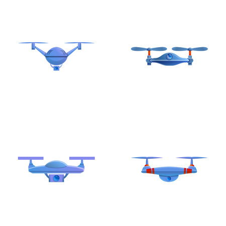Flying drone icons set cartoon vector. Drone quadrocopter with camera. Modern technologyのイラスト素材