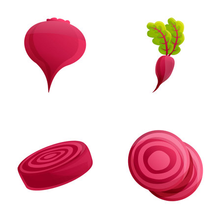 Beet icons set cartoon vector. Whole and chopped beetroot. Organic farm vegetableのイラスト素材