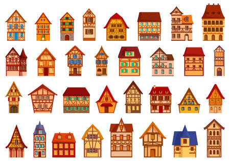 Traditional german houses icons set cartoon vector. Medieval village. Middle ageのイラスト素材