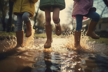 Happy children in rubber boots playing in rain outdoor water. Kids legs jumping and splashing street water. Generate aiの素材