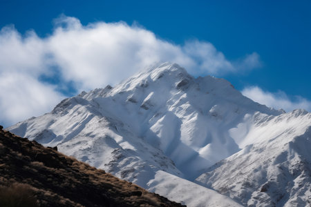Large snowy mountain high peak among the clouds. Alpine scenery view in frozen wintertime. Generate aiの素材