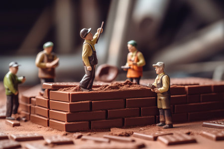 Miniature builders on chocolate bar brick. Repair pastry pie cocoa cake. Generate Aiの素材