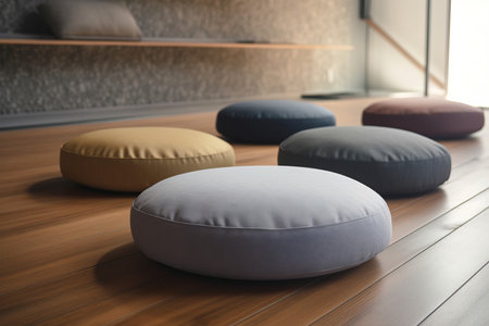 Modern meditation cushion home floor. Rest furniture home interior. Generate Aiの素材