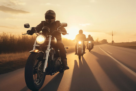 Motorcyclists road sunset ride nature outdoor. Motor street speed motion race. Generate Aiの素材