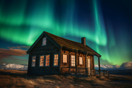 Northern lights sky wooden house. North aurora weather light cold. Generate Aiの素材